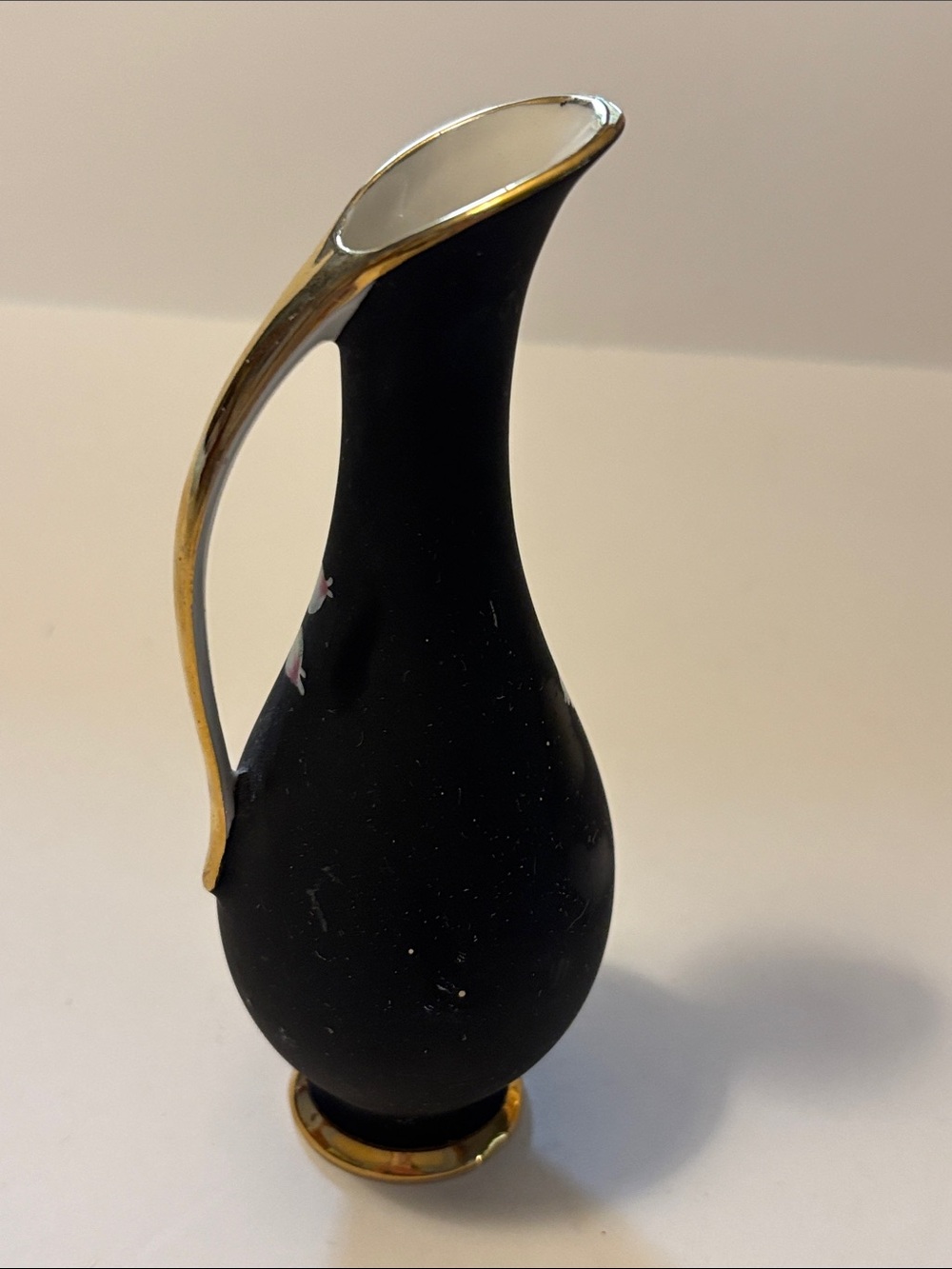 Black Ceramic Pitcher Vase with Pink Floral Motif and Gold Trim - Picture 5 of 6
